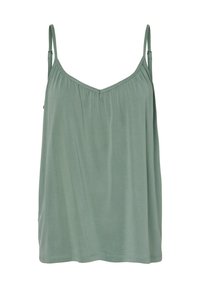 Top senza maniche di un verde chiaro, con scollatura a V, dettagli arricciati sul seno e vestibilità morbida, realizzato in un tessuto morbido e traspirante.