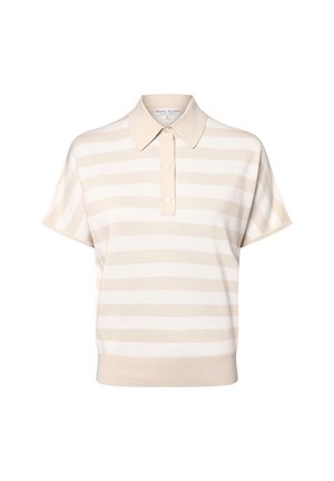 Beige og hvide poloshirt med korte ærmer og vandrette striber, med tre knapper og ribkant nederst.