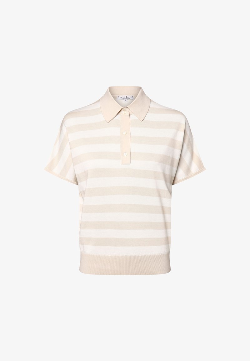 Polo à manches courtes beige et blanc à rayures horizontales, avec patte de boutonnage à trois boutons et ourlet côtelé.