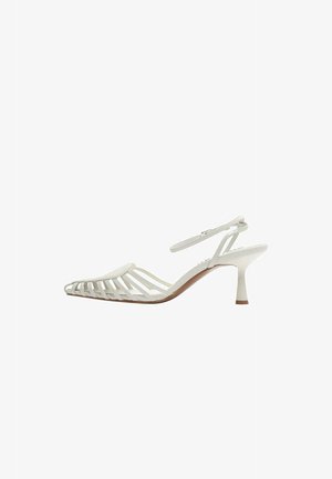 Sandalo con tacco bianco da donna con cinturini, punta chiusa e appuntita, cinturino alla caviglia e tacco sottile di media altezza.