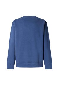 Sweat-shirt bleu à manches longues, avec poignets et ourlet côtelés, en tissu texturé doux. Présente un col rond simple et un design minimaliste.
