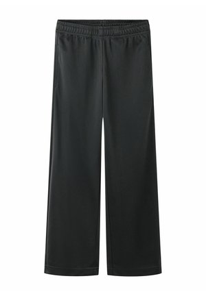 Pantalon noir à jambes larges avec taille élastique et poches latérales, tissu lisse, présenté sur fond blanc.