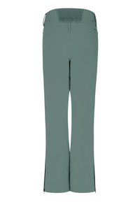 Ontspannen pasvorm, middelhoge broek van gedempt groene stof. Heeft een smocktailleband en ritsopeningen aan de zijkanten van de naden. Glad textuur.