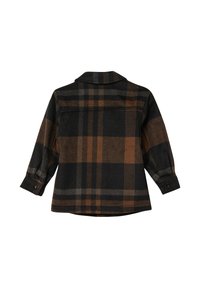 Geruite flanellen blouse in zwart- en bruintinten. Voorzien van een kraag, lange mouwen en knoopmanchetten. Zachte textuur met een opvallend ruitpatroon.