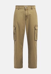 Khakifarbene Cargo-Shorts aus Baumwolle, mit Seitentaschen, gerade geschnitten und mit einem Knopfverschluss an der Taille. Glatte Textur und strapazierfähiges Design.