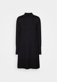 Vestito nero a collo alto, maniche lunghe, materiale lavorato a maglia, taglio dritto, rifinito con orlo a costine, design minimalista, senza decorazioni visibili.