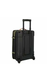 Black roller suitcase with a textured finish, extendable handle, and orange accent strap. Features black wheels and olive green inner lining.