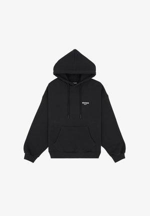 Černá mikina s kapucí vyrobená z bavlněné směsi, s přední kapsou, šňůrkami a malým bílým logem na hrudi.