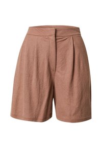 Braune, hoch geschnittene Shorts mit einem gefalteten Design und einer weichen Textur, ausgestattet mit einem elastischen Bund und einem knielangen Schnitt.