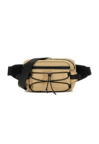 Beige Nylon-Crossbody-Tasche mit strukturiertem Vorderteil, verstellbarem schwarzen Tragegurt, Reißverschlussfächern und Logodetail. Netzbesätze am Gurt.