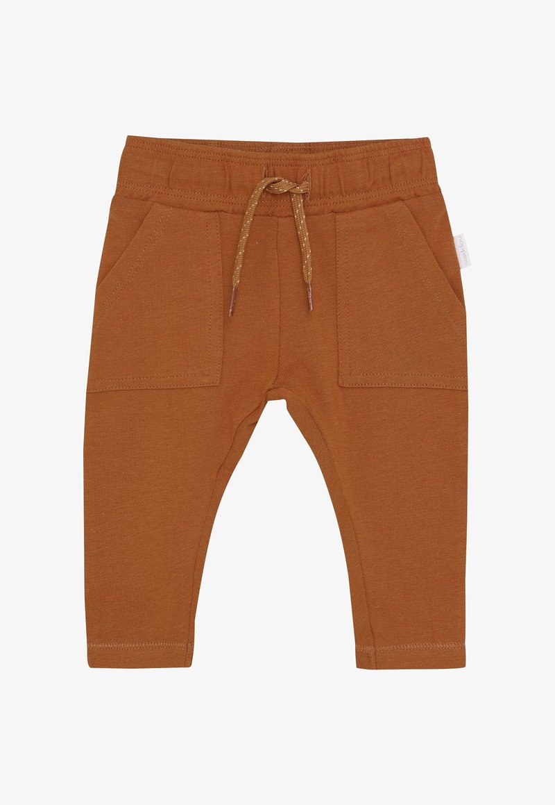 Pantalon brun pour tout-petit avec ceinture élastique, lien à nouer et deux poches plaquées à l'avant, isolé sur fond blanc.