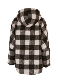 Plišani kapuljačasti jakna u crno-bijelom karo uzorku. Izrađena od mekog, teksturiranog materijala s velikim rukavima i blago opuštenim krojem.