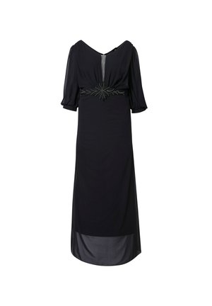 Vestido negro con un escote en V profundo y mangas cortas abullonadas. Presenta un adorno texturizado en la cintura y una silueta recta y fluida.