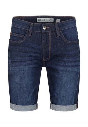 Dark blue denim shorts with rolled cuffs, front button and zipper closure, front pockets, and visible stitching details.