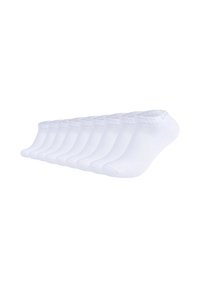 Hvide ankelstrømper lavet af blødt stof, med ribbet manchet, sømløs tå og en glat overflade, arrangeret i en række.