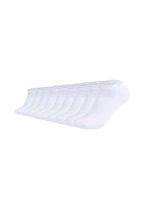 Weiße Knöchelsocken aus weichem Stoff mit geripptem Bund, nahtloser Zehenpartie und glatter Textur, in einer Reihe angeordnet.