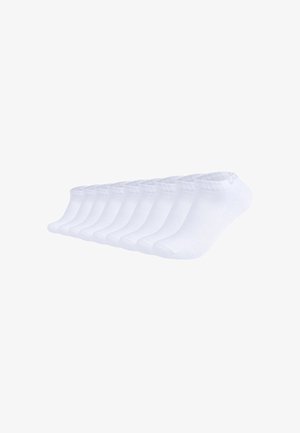 Weiße Knöchelsocken aus weichem Stoff mit geripptem Bund, nahtloser Zehenpartie und glatter Textur, in einer Reihe angeordnet.