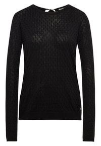 Schwarzer, langärmliger, strukturierter Strickpullover mit feinem Rautenmuster und Rundhalsausschnitt, figurbetonte Silhouette.