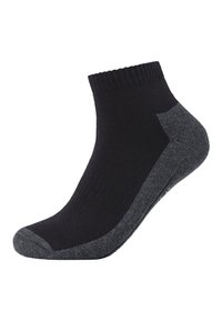 Calcetín negro hasta el tobillo con un puño acanalado, que presenta un talón y una puntera en gris oscuro. Fabricado con un material suave y elástico para mayor comodidad.
