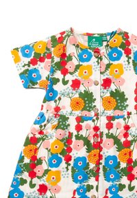 Kurzarmkleid mit Blumenmuster aus Baumwolle. Enthält bunte Blumen in Blau, Gelb, Rot und Pink, mit Holzknöpfen und Taschen.