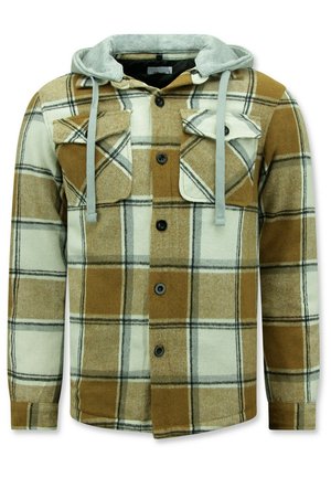 Bruine en beige geruite flanellen shirt met een grijze hoodie, twee borstzakken en knoopsluiting, met een zachte textuur en contrasterende patronen.