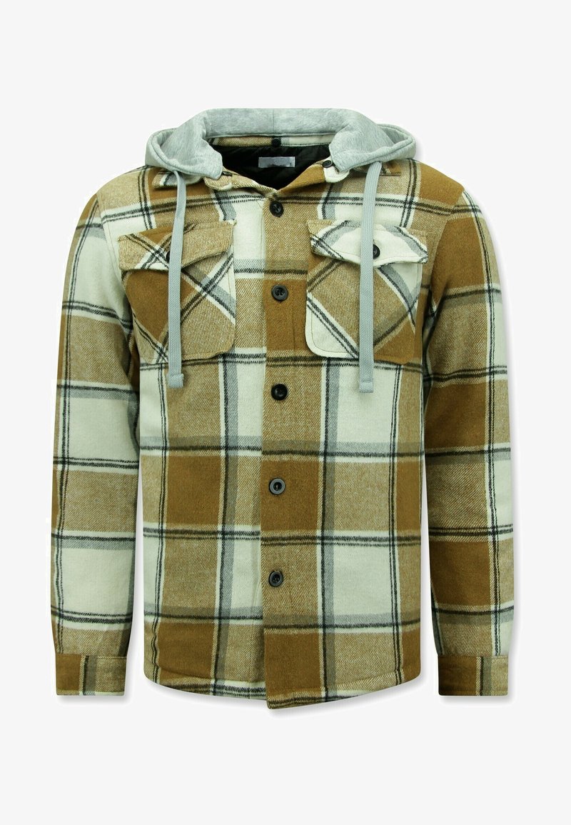 Bruine en beige geruite flanellen shirt met een grijze hoodie, twee borstzakken en knoopsluiting, met een zachte textuur en contrasterende patronen.