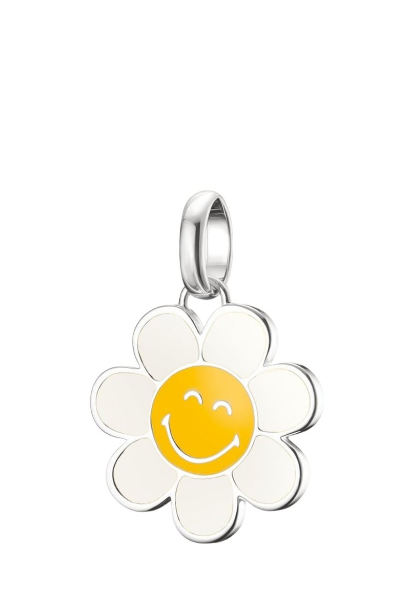 Ciondolo a forma di fiore in argento con petali bianchi e un viso sorridente giallo al centro. Finitura lucida in smalto, anello metallico sicuro per il fissaggio.