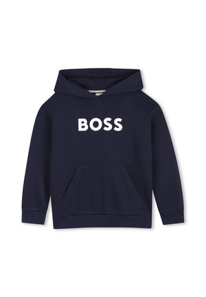Sweat à capuche bleu marine avec poche avant et texte blanc "BOSS" sur la poitrine, avec manches longues et capuche.