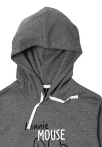 Felpa grigia con cappuccio realizzata in misto cotone, con un laccio bianco e testo stampato con un semplice design grafico.