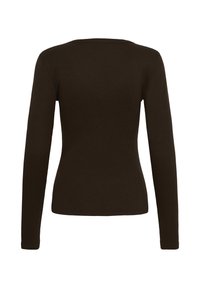 Chemise à manches longues marron foncé vue de dos, avec une coupe ajustée et un col rond, sur fond blanc.