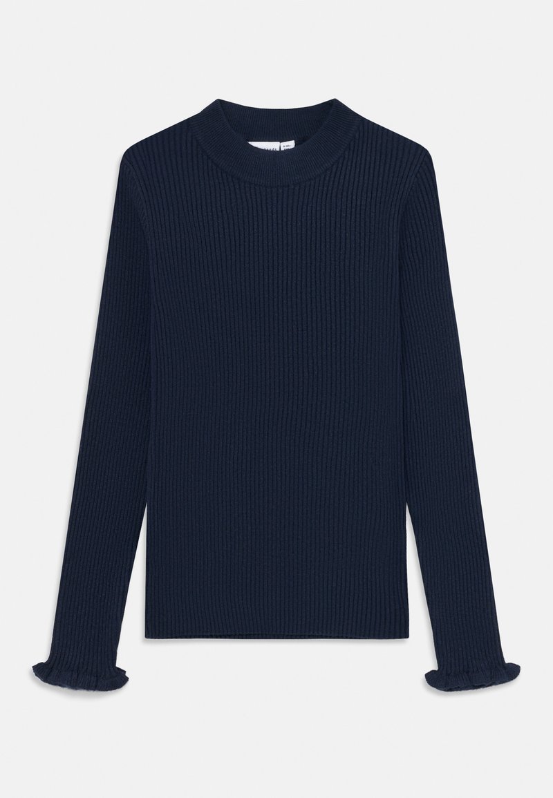 Granatowa, prążkowana bluzka z długim rękawem, z wysokim dekoltem i falbaniastymi mankietami, charakteryzująca się teksturowanym wykończeniem i klasycznym krojem.