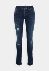 Skinny-fit jeans made of dark blue denim. Features a high waist, two-button closure, and distressed detailing on the knees.