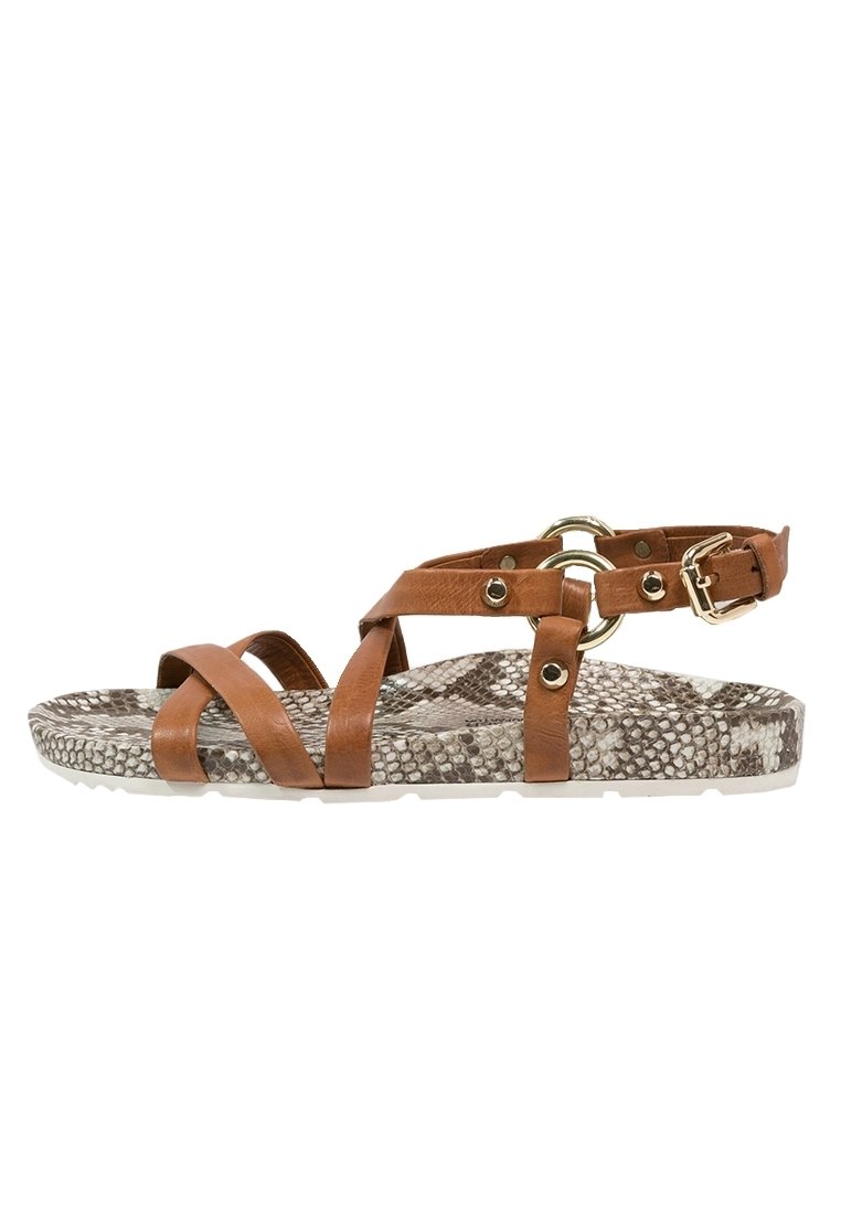 Brown leather strap sandals with a snake-print insole, featuring an adjustable ankle strap and gold-tone hardware accents.