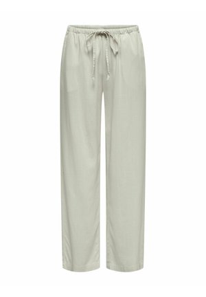 Jasnoszare, luźne spodnie z elastycznym paskiem w talii i sznurkiem do regulacji. Wykonane z miękkiej, teksturowanej tkaniny. Prosty krój nogawki.