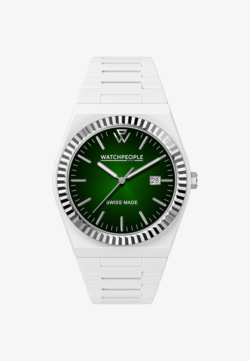Bílý náramkový hodinky se zeleným ciferníkem, stříbrnými akcenty a zobrazením data. Má strukturovaný bezel a moderní, hranatý design. Švýcarská výroba.