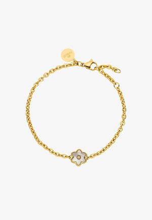 Gold chain bracelet featuring a floral charm with a white center and small gemstone. Includes a clasp and an adjustable chain length.