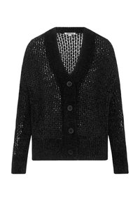Cardigan en tricot noir avec un tissage lâche, un décolleté en V profond et une fermeture à quatre boutons. Le tissu a une texture douce et un ourlet côtelé.