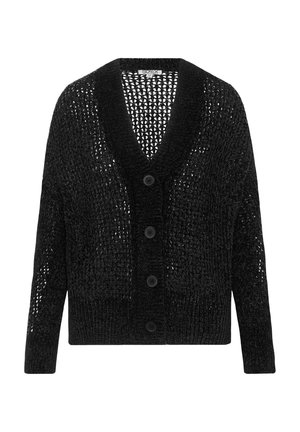 Cardigan en tricot noir avec un tissage lâche, un décolleté en V profond et une fermeture à quatre boutons. Le tissu a une texture douce et un ourlet côtelé.