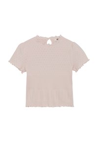 Lys rosa kortermet topp med en scallop-halsutskjæring, strukturert mønster og en nøkkelhullslukking bak. Laget av myk strikket stoff.