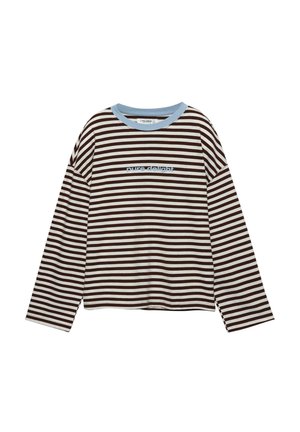 Langærmet, stribet skjorte i brun og hvid med en lyseblå rund halsudskæring og broderet tekst "pure delight" i blåt på forsiden.