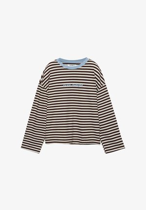 Langærmet, stribet skjorte i brun og hvid med en lyseblå rund halsudskæring og broderet tekst "pure delight" i blåt på forsiden.