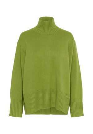 Maglione verde lavorato a maglia con collo alto a coste, spalle scese e orlo a coste largo. Il materiale sembra morbido e spesso.