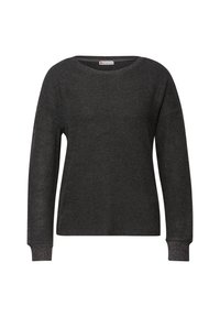 Tummanharmaa pitkähihainen neulepaita pyöreällä pääntiellä, resorilla varustetut hihansuut ja pehmeä pinta. Hihoissa hienovaraiset metallinhohtoiset yksityiskohdat.