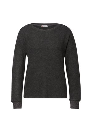 Tmavě šedý svetr s dlouhými rukávy, kulatým výstřihem, žebrovanými manžetami a měkkou texturou. Rukávy zdobí jemné kovové akcenty.