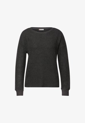 Tmavě šedý svetr s dlouhými rukávy, kulatým výstřihem, žebrovanými manžetami a měkkou texturou. Rukávy zdobí jemné kovové akcenty.