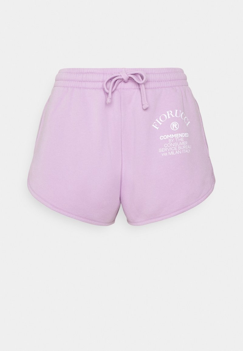 Shorts décontractés lilas avec taille élastique et cordon de serrage, ourlet incurvé, et logo texte blanc "Fiorucci" sur la cuisse droite.