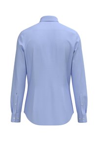 Camicia a maniche lunghe blu chiaro con colletto strutturato, tessuto texturizzato e dettagli sui polsini con bottoni, caratterizzata da un orlo curvo sul retro.
