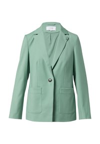 Mint green blazer with a notched lapel, two front pockets, and a single button closure. Smooth fabric with a structured fit.