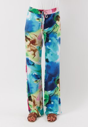 Pantaloni floreali leggeri e fluide con un motivo multicolore vibrante nei toni del blu, verde e rosa; vita elasticizzata con coulisse.