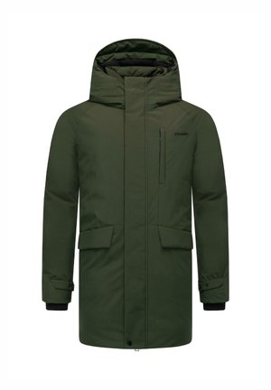 Zielona, średniej długości parka z kapturem, wyposażona w zamykaną na zamek kieszeń na piersi, dwie przednie kieszenie i ściągacze przy mankietach. Gładka tekstura, wodoodporny materiał.